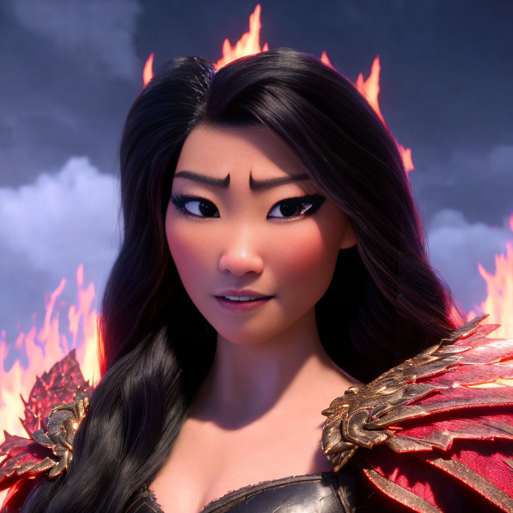 Digital artwork: Determined woman in red armor with long black hair and fiery backdrop