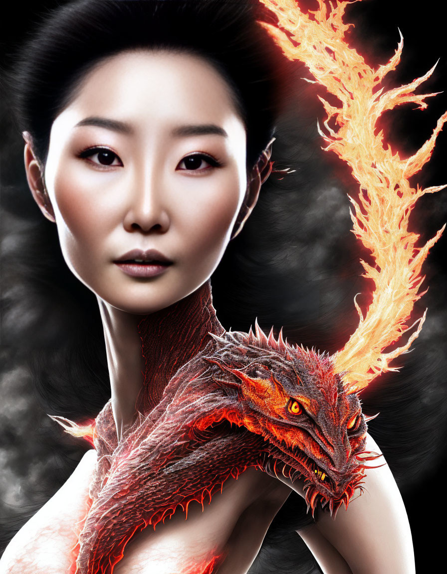 Digital Artwork: Woman with Red Dragon on Shoulder in Dark Background