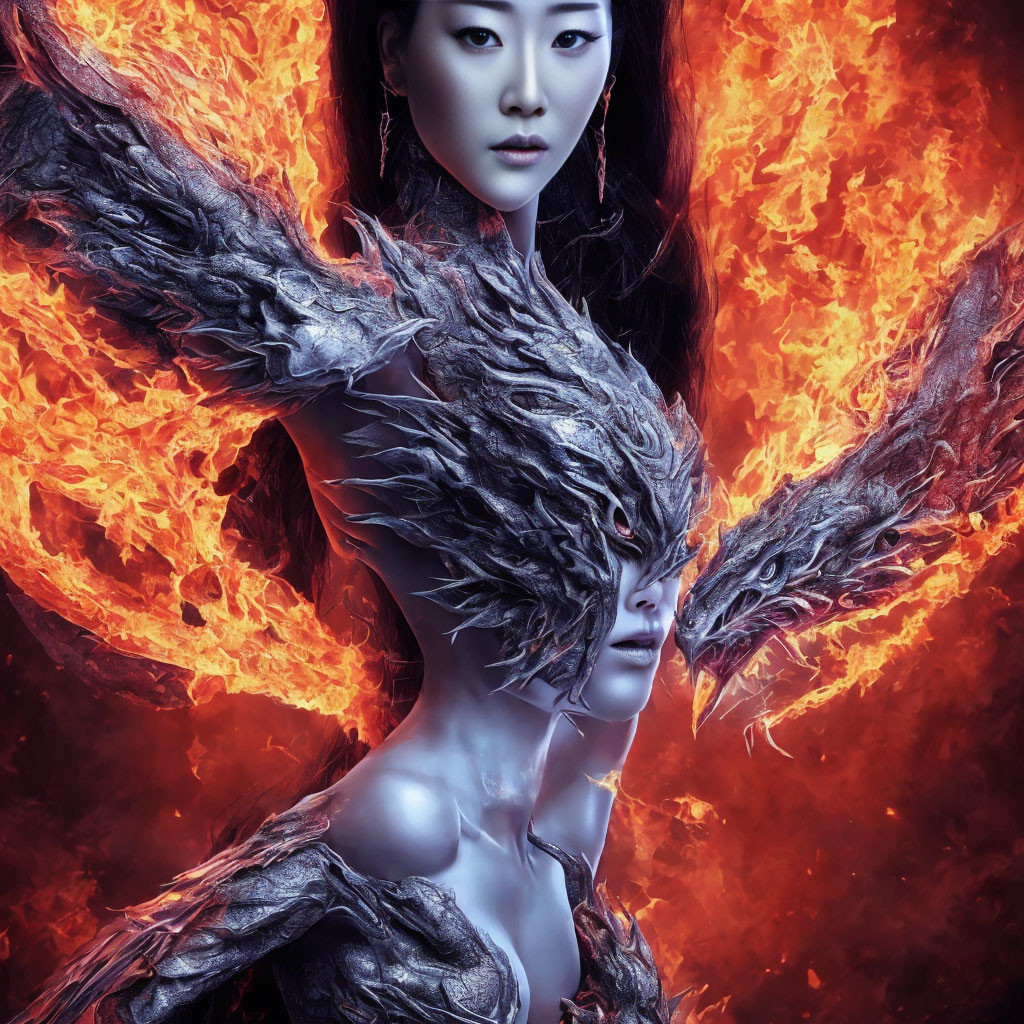 Intense gaze woman in fiery feather-like armor on red backdrop