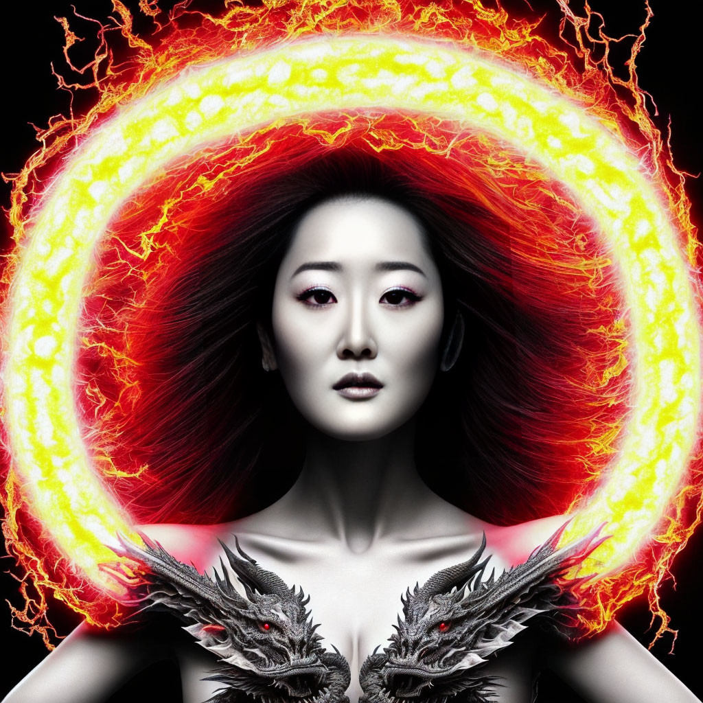 Dark-haired woman with pale skin surrounded by fiery ring and dragon sculptures on shoulders in front of black backdrop