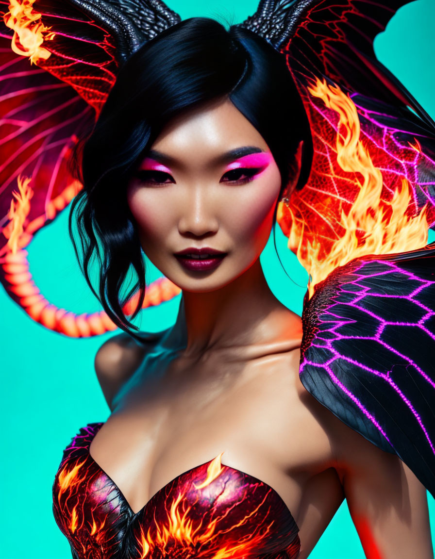 Ethereal figure with fiery wings and vibrant colors