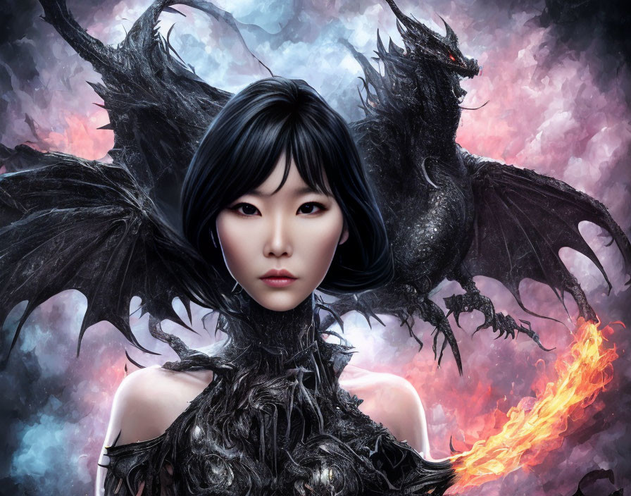 Fantasy illustration: Woman with dark hair, fiery dragon, mystical background