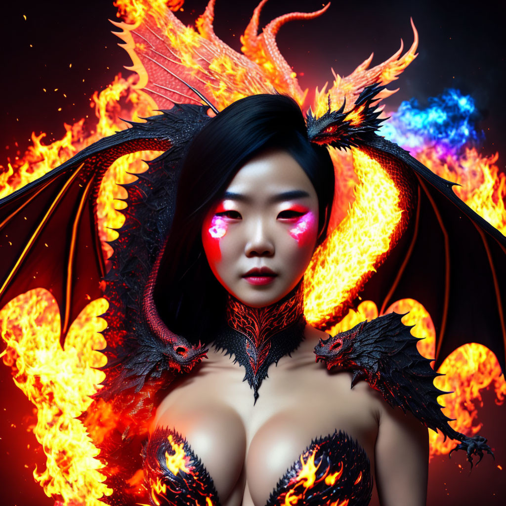 Asian woman transformed into fiery dragon creature with blazing wings in mystical background