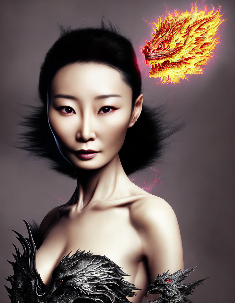 Woman with artistic makeup and fiery dragon graphic, flanked by dragon figures on grey background