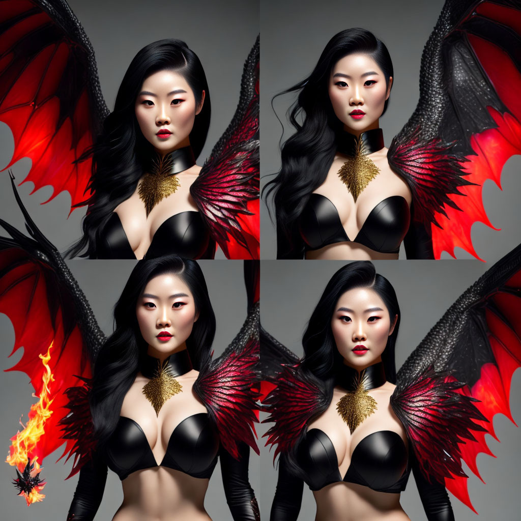 Dark-haired woman in black outfit with red lipstick in four poses, one with fiery wing effect