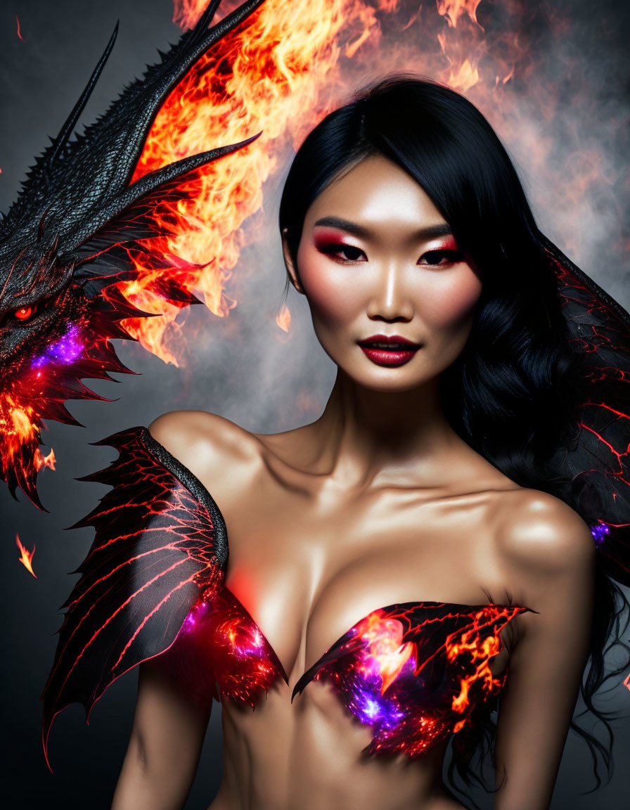 Ethereal Figure with Dragon Features and Fiery Wings