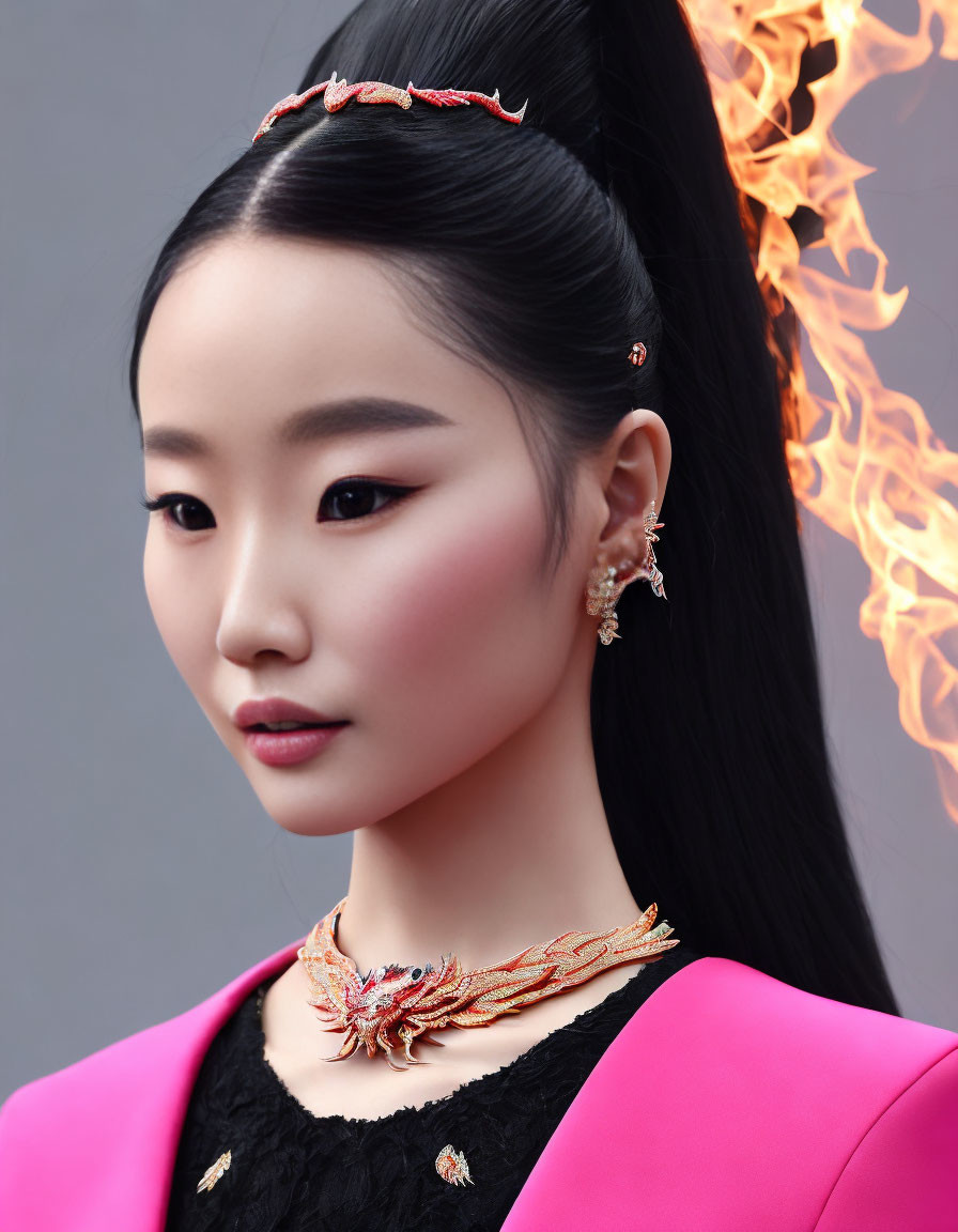 Woman in dragon-themed jewelry and pink blazer with digital flame effect