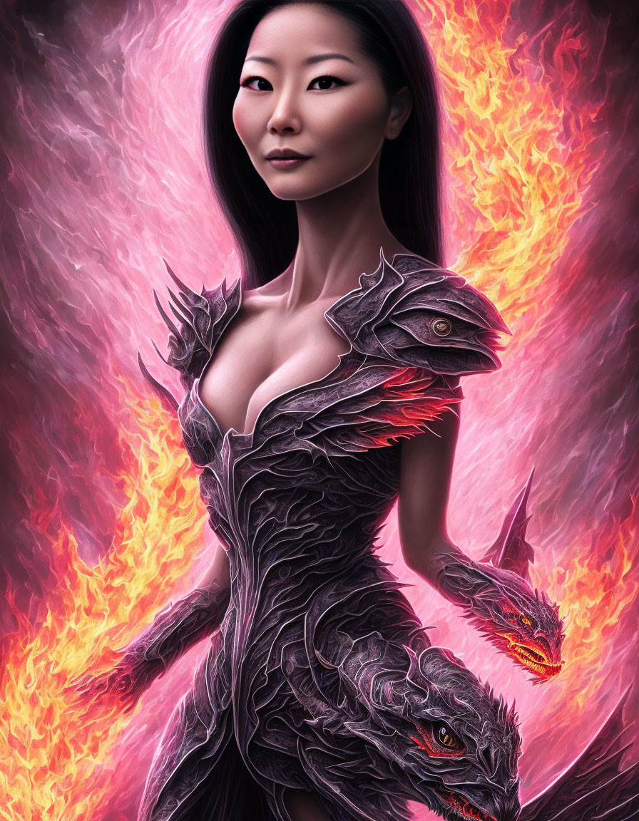 Enigmatic woman in dragon-themed armor with fiery backdrop.