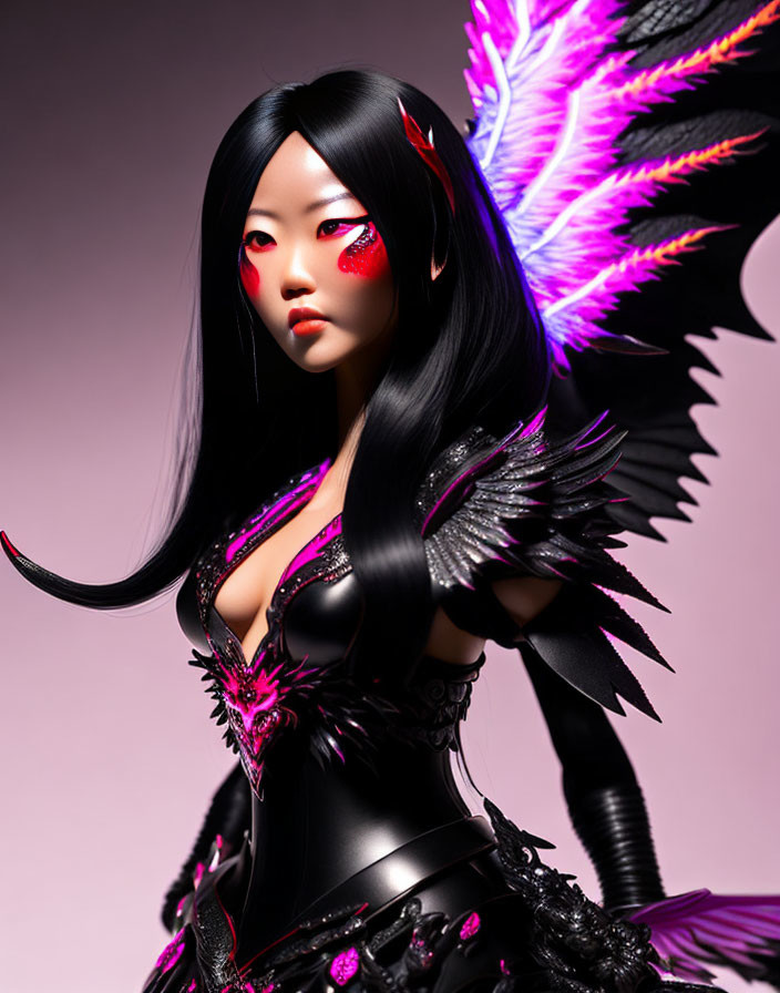 Digital artwork of a pale-skinned woman with black hair, ornate dark outfit, red eye makeup