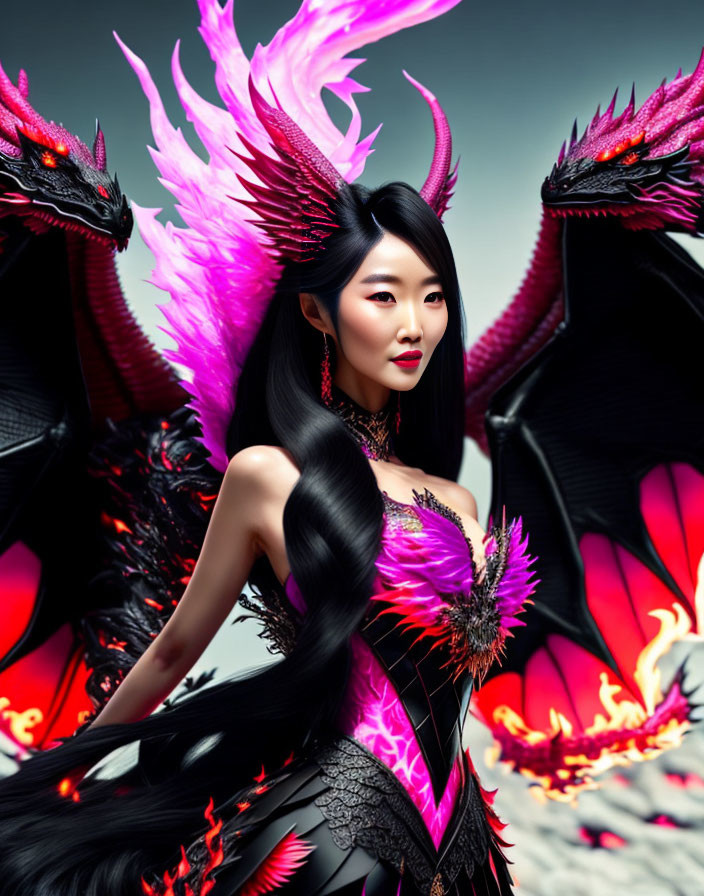 Woman in dark fantasy outfit with dragons, pink accents