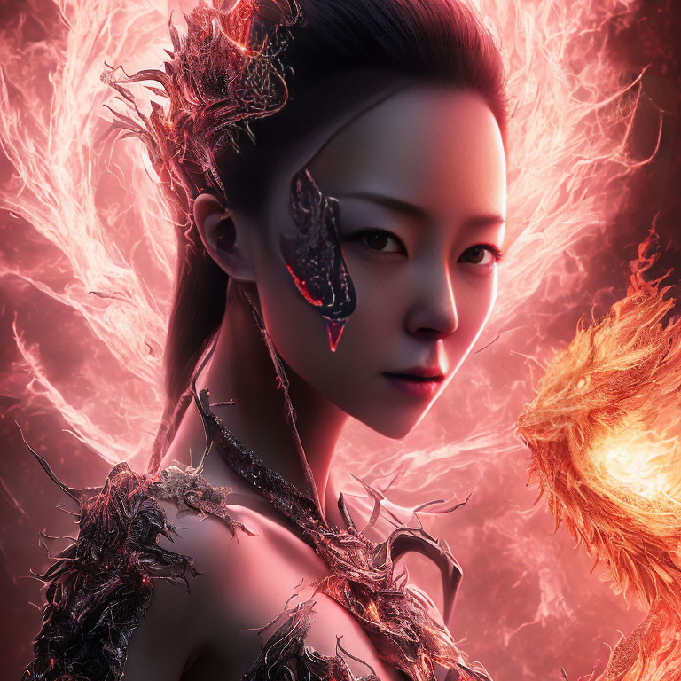 Intense gaze woman in dark fiery armor on red backdrop