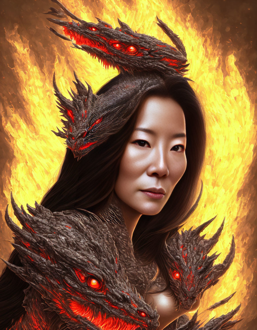 Serene woman with fiery dragon creatures in blazing backdrop