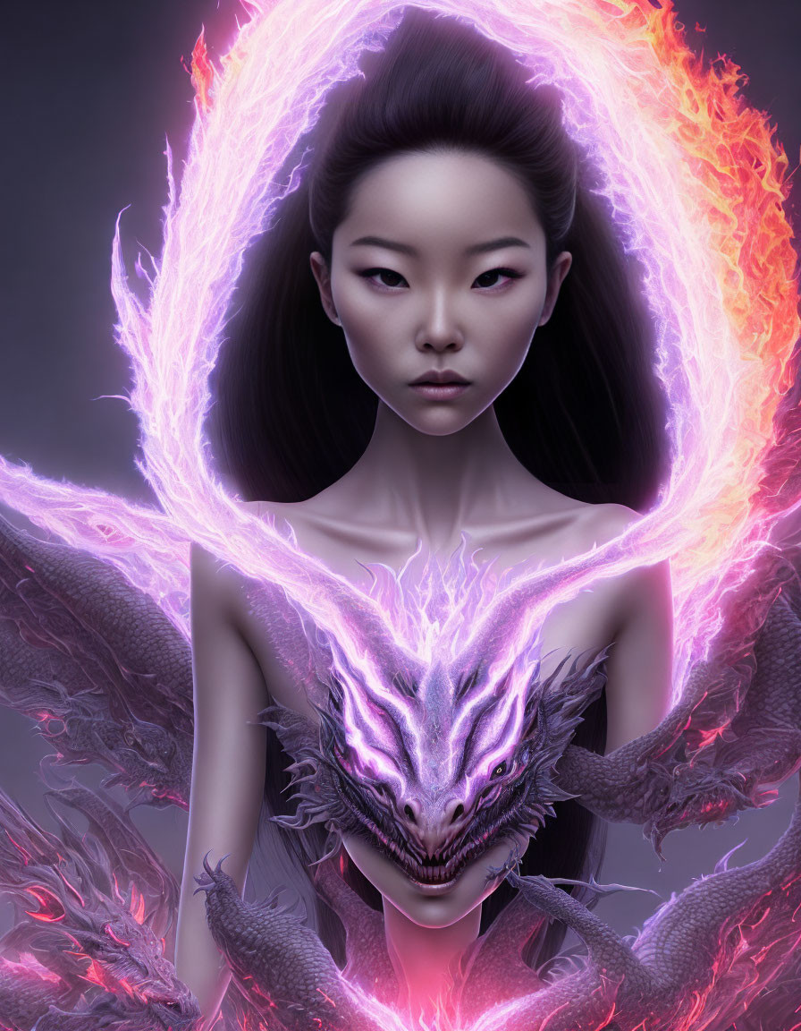 Fantasy digital artwork: Woman with ethereal aura and dragon companions