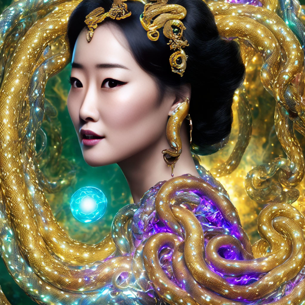 Woman with elegant updo and golden ornaments surrounded by luminous serpents on teal background