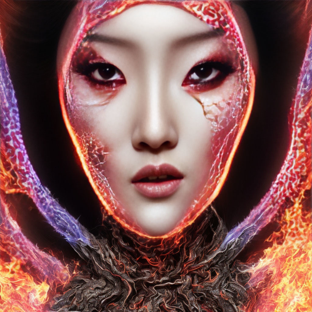 Woman's face in vivid flames and smoke with dramatic makeup