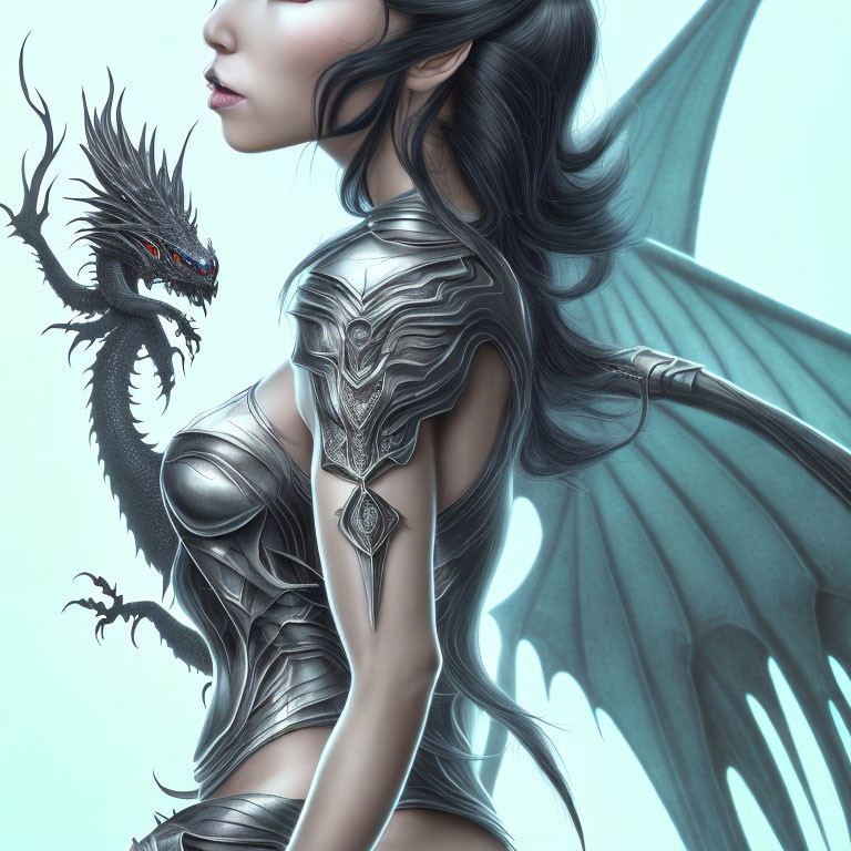 Fantasy armor-clad woman with winged dragon in majestic pose