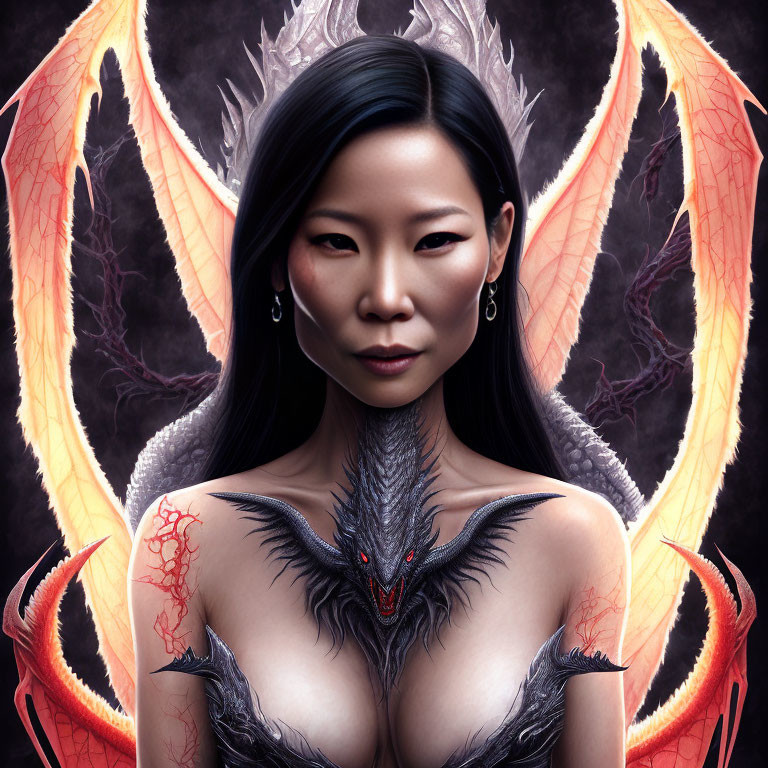 Dark-haired woman with Asian features poses in front of dragon wings and tattoo.