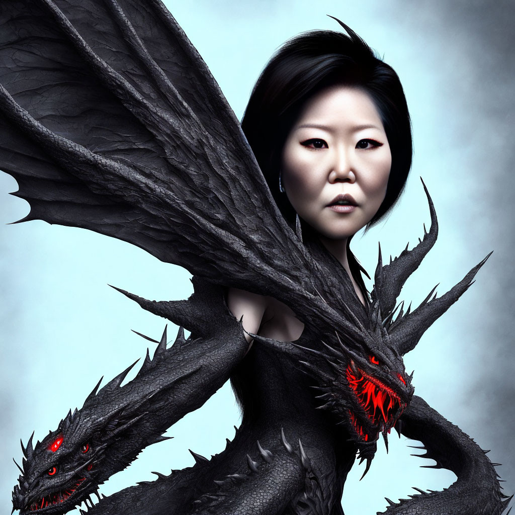 Black-haired woman poses with fierce black dragon on grey background