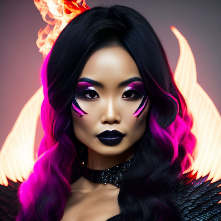 Woman with Purple Hair and Fiery Wings on Warm Background