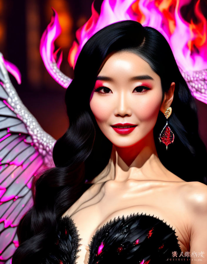 Dark-haired woman with red eye makeup and large earring in front of fiery wings