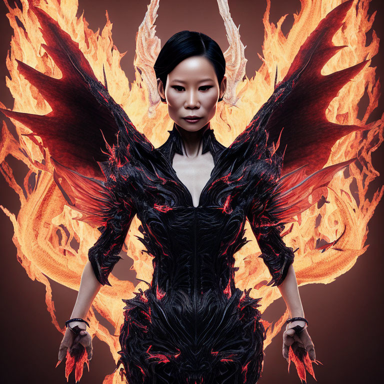 Mystical woman in dark feathered outfit with fiery wings