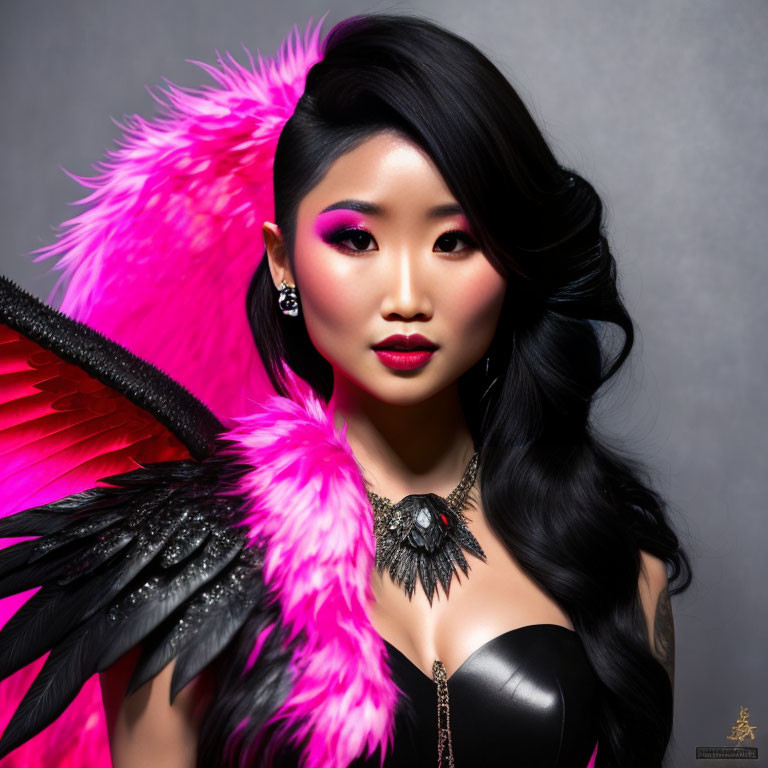 Dark-haired woman in pink makeup and feathered outfit with ornate necklace