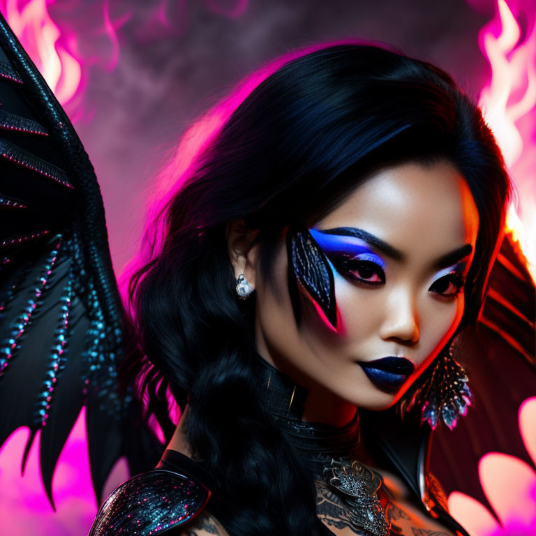 Fantastical makeup and dark wings against vibrant background