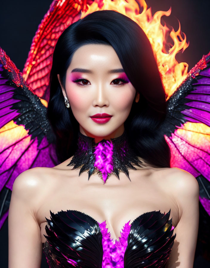 Striking makeup and black feathered attire with fiery phoenix background