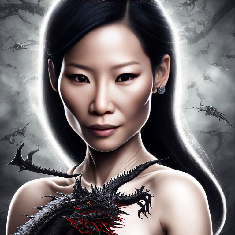 Digital artwork of Asian woman with sleek hair and intense gaze beside stylized black dragon on mystical grey background