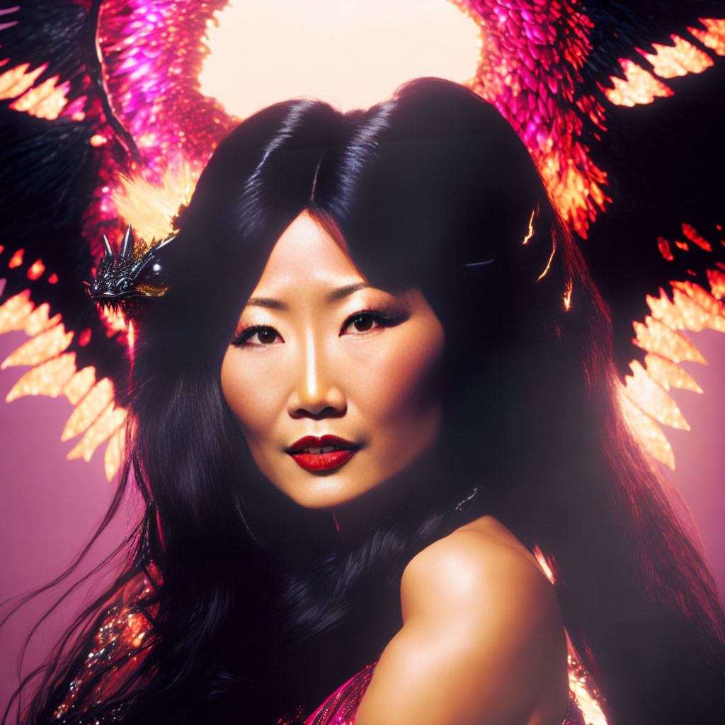 Black-haired woman with pink eyeshadow and butterfly accessory in radiant butterfly wings backdrop