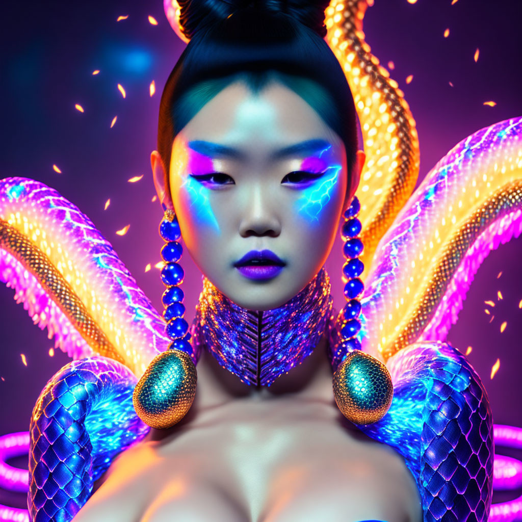 Vibrant neon makeup on stylized portrait with futuristic attire