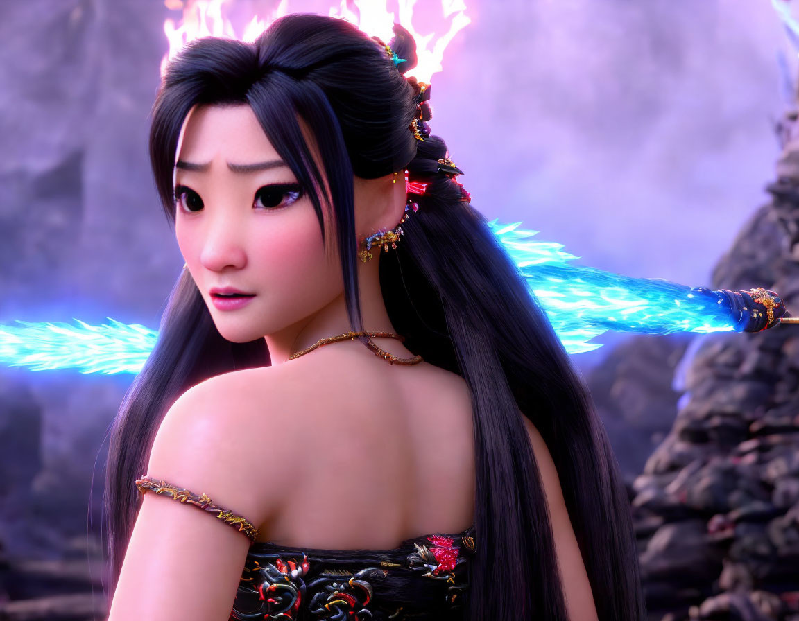 3D-animated female character with long black hair and glowing blue swords in misty rocky setting