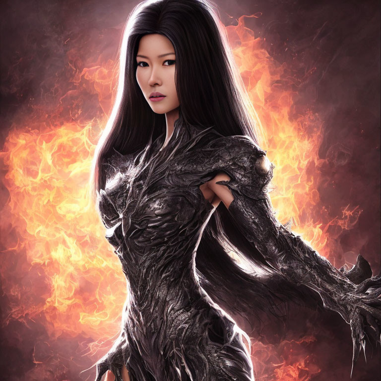 Digital Artwork: Woman in Dark Armor on Fiery Background