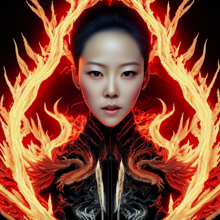 Stern-faced woman with fiery phoenix wings on dark backdrop