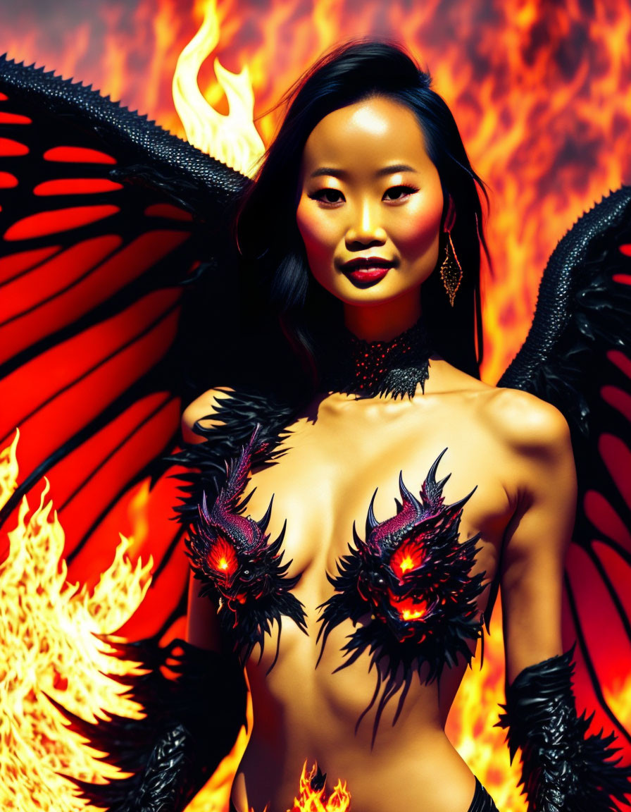 Mythical figure with red and black wings in flames