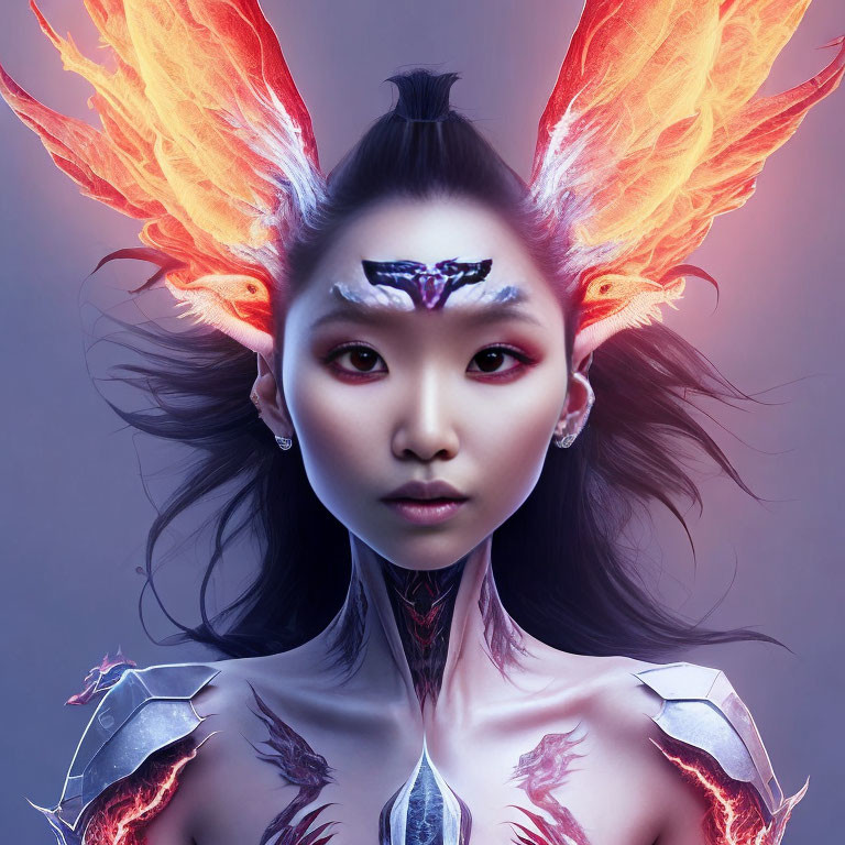 Fantasy portrait featuring person with red-orange wings, ethereal tattoos, and silver shoulder armor