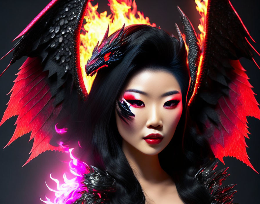 Woman with dramatic makeup and dark hair, flanked by black and red wings and fiery dragon