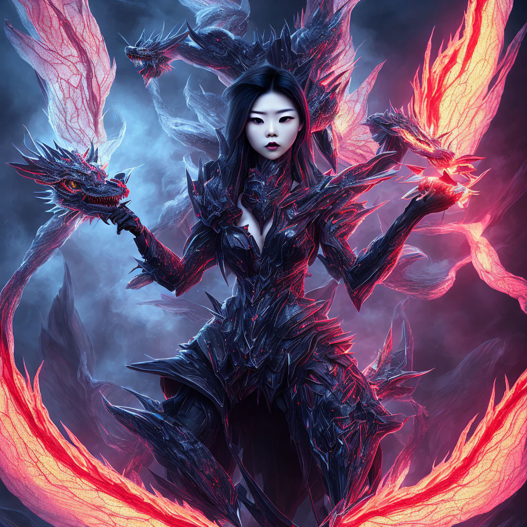 Warrior woman in dark armor with dragon in fiery wings.