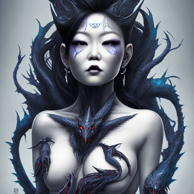 Woman with Dragon-like Features Surrounded by Creatures on Cool-toned Background