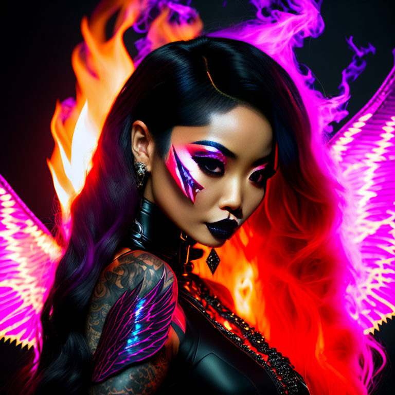 Bold Makeup and Tattoos Woman in Front of Orange and Purple Flames