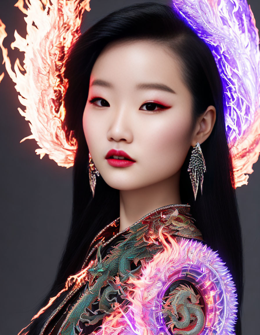 Asian woman portrait with fiery & icy graphic effects and dragon-themed attire