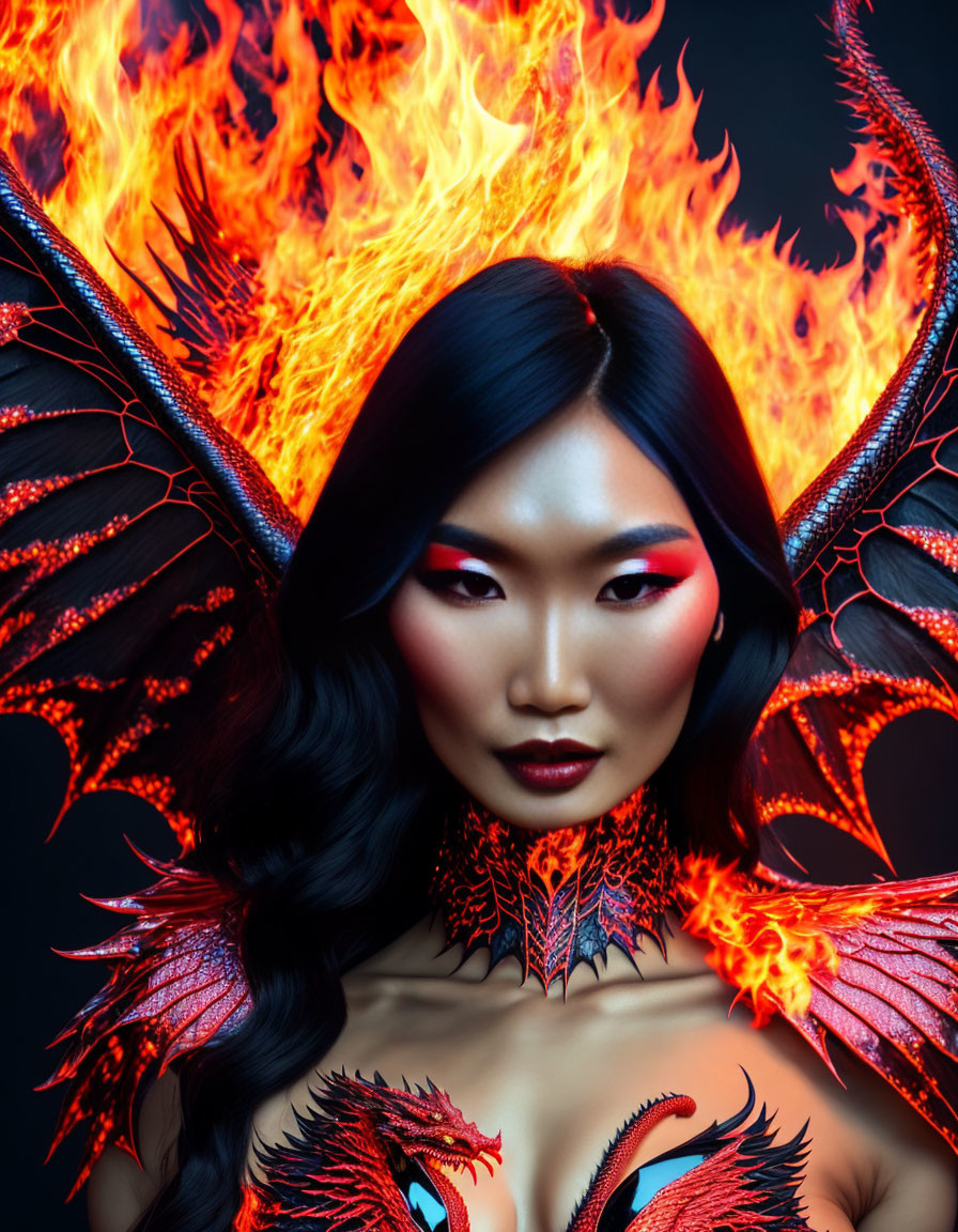 Dragon-Inspired Portrait with Fiery Makeup and Wings