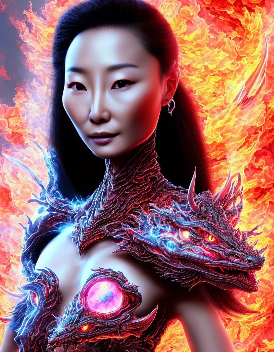 Asian woman with fiery dragon motif and vibrant flames background.