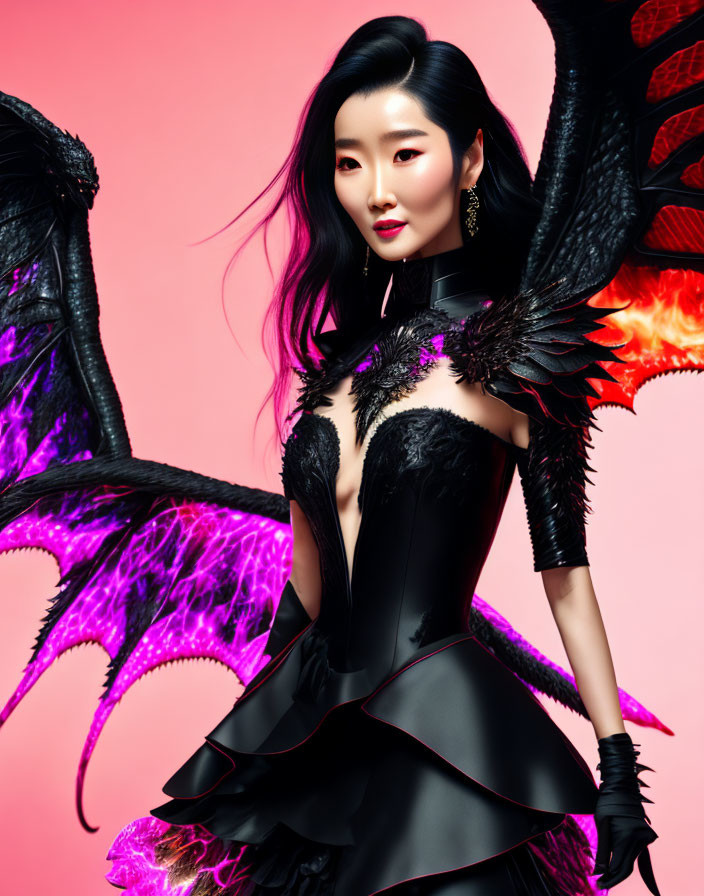 Black-winged woman in dark fantasy attire on pink backdrop