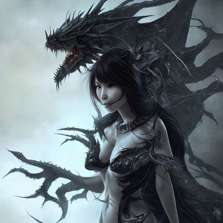 Black-haired woman with dragon in ominous cloudy backdrop