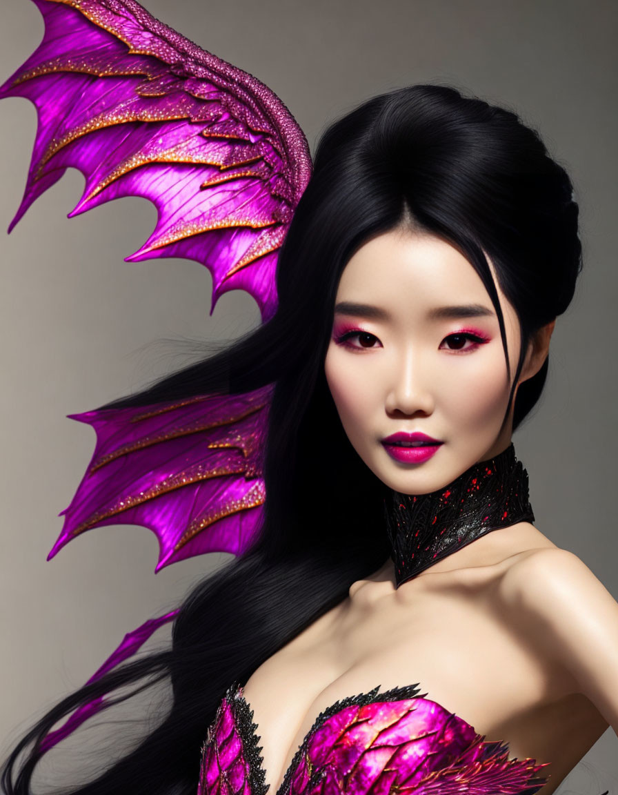 Dark-haired woman with purple makeup and dragon wings portrait.