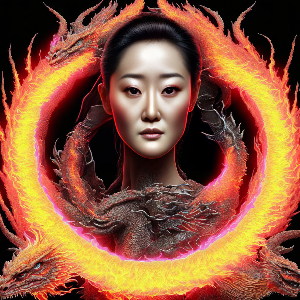 Woman surrounded by fiery ring with dragons in artistic image