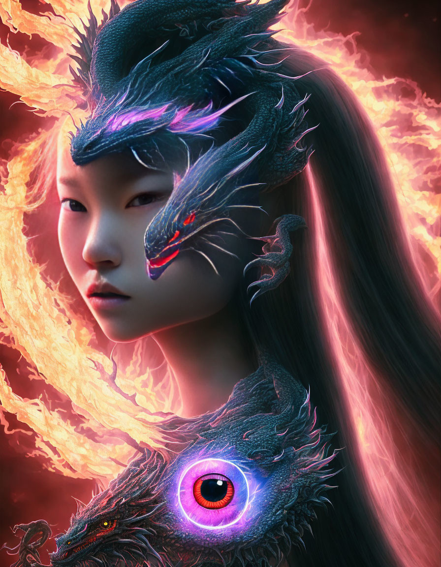 Woman with dragon features and fiery aura against crimson backdrop