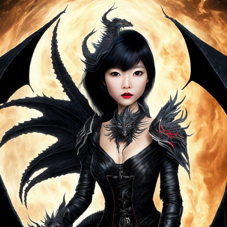 Woman with black hair and dragon-like wings in dark feathery outfit.