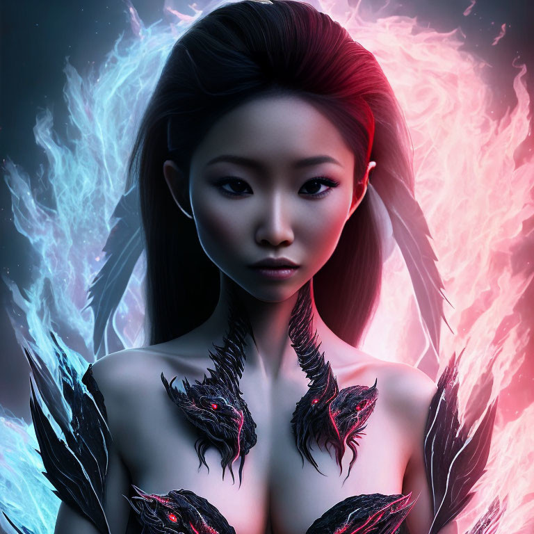 Digital artwork featuring woman with dark hair, pale skin, red highlights, abstract flames, and black feathers